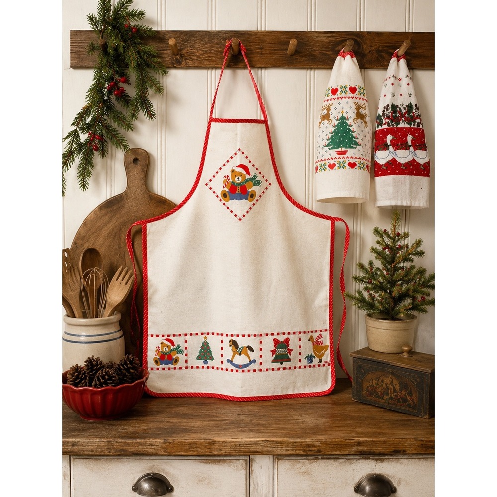 B&D Christmas Apron and Towel Set White Red 90s Country Holiday 3pc Set Gift